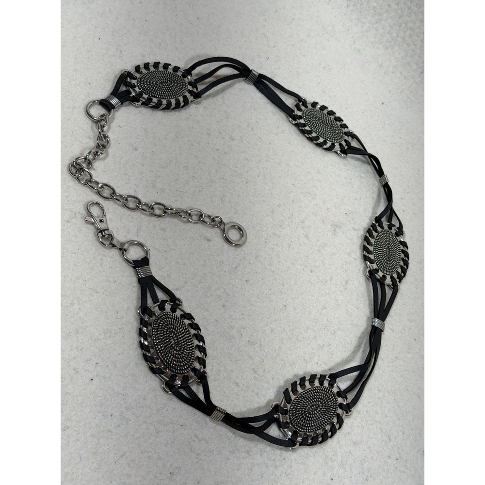 Womens Boho Western Concho Chain‎ Belt Black Silver Festival Y2K Adjustable